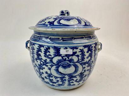 CHINE A covered water pot with blue and white decoration, Qing dynasty / circa 1900,...