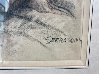 SERRABONA "Seated Nude", XX-XXIth, black stone and red chalk on paper, signed lower...