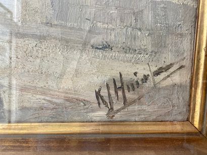 Ecole Belge "Porche de cathédrale animé", début XXe, huile sur toile, signée en bas...