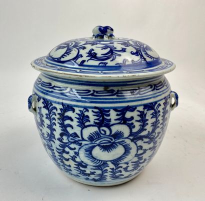 CHINE A covered water pot with blue and white decoration, Qing dynasty / circa 1900,...