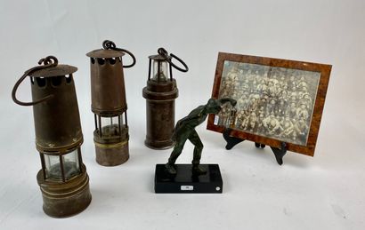 L'UNIVERS DE LA MINE Set of three miner's lamps, a patinated bronze subject and a...