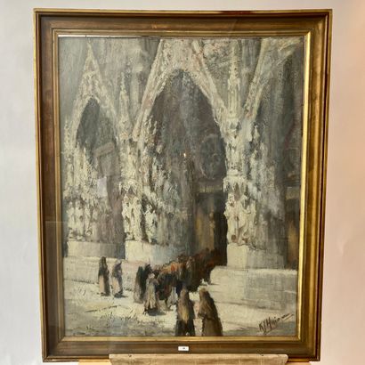 Ecole Belge "Animated Cathedral Porch", early 20th century, oil on canvas, signed...