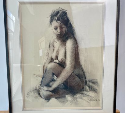 SERRABONA "Seated Nude", XX-XXIth, black stone and red chalk on paper, signed lower...