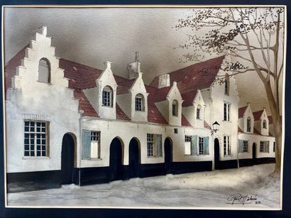 DELMÉE Paul "Beguinage", [19]83, ink, pen and watercolour on paper, signed and dated...