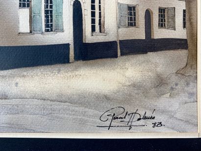 DELMÉE Paul "Béguinage", [19]83, plume, encre et aquarelle sur papier, signée et...