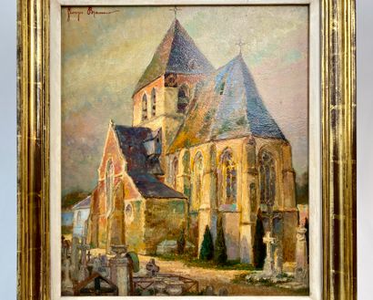 BRASSEUR Georges (1880-1950) "Église au crépuscule", début XXe, huile sur panneau,...