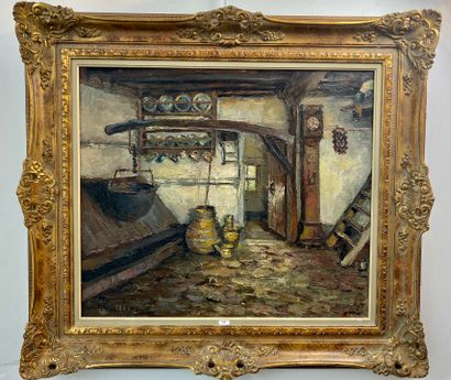 WELLENS Irène (1923-) "Intérieur de chaumière", XXe, huile sur toile, signée en bas...