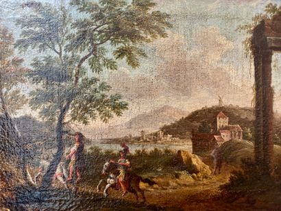 ECOLE FRANCAISE "Paysage animé avec ruines antiques", XVIIIe, huile sur toile rentoilée,...
