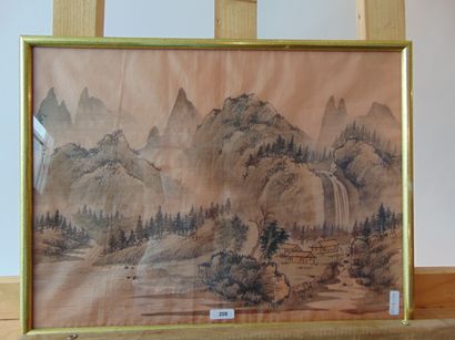 ECOLE CHINOISE "Paysage montagneux", XXe, encre sur tissu, sceau en haut à gauche,...
