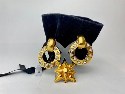 CELINE - PARIS Pair of large gold metal ear clips set with rhinestones and a gold...