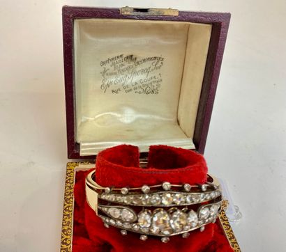 null A Napoleon III period yellow gold (18 carats) opening rigid bracelet set with...