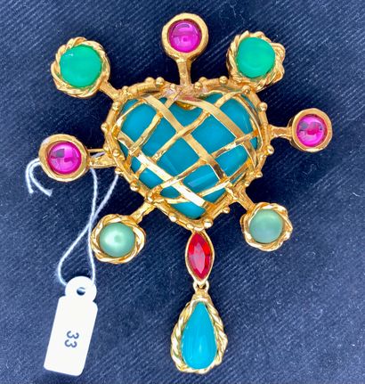 Christian LACROIX Large brooch with a cordial motif in gilt metal and polychrome...