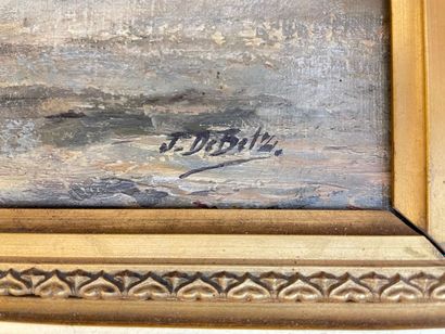 DE BETZ J. "Boats stranded on a beach", early 20th century, oil on canvas, signed...