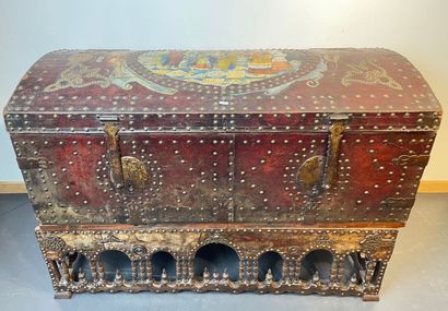 null Spanish trunk on a stand decorated with the Presentation of Jesus in the Temple...