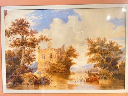 ECOLE FRANCAISE "Ruines dans un paysage lacustre", XIXe, aquarelle sur papier, 26,5x39...