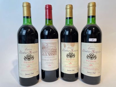 BORDEAUX (PAUILLAC) Lot of four bottles (red):

- Château Colombier-Monpelou 1982,...