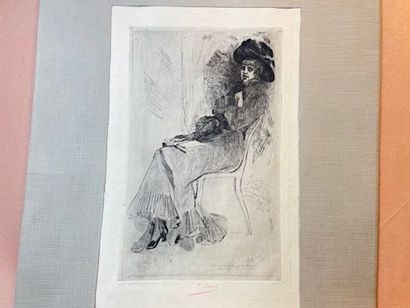 ROPS Félicien (1833-1898) "Celle qui fait celle qui lit Musset (Aux Tuileries 1879)",...