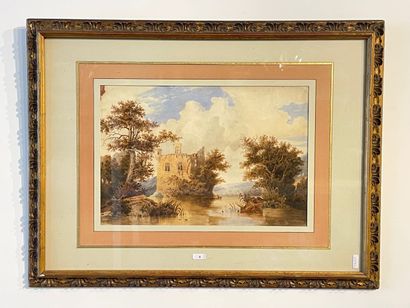 ECOLE FRANCAISE "Ruines dans un paysage lacustre", XIXe, aquarelle sur papier, 26,5x39...