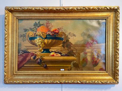 ECOLE FRANCAISE "Cup of Fruit on an Entablature," circa 1900, oil on canvas mounted...
