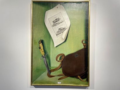 DERÉE Hélène "Still life in trompe l'oeil (print, dagger and pouch)", mid-20th century,...