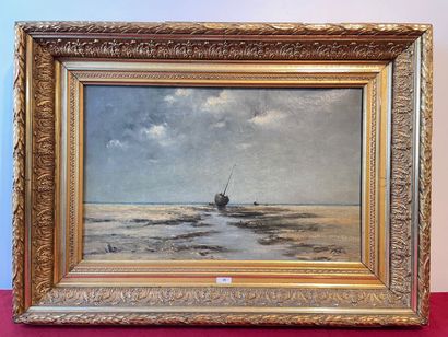 DE BETZ J. "Boats stranded on a beach", early 20th century, oil on canvas, signed...