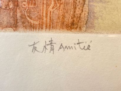 HASEGAWA Shoichi (1929-) "Amitié", circa 1969, eau-forte polychrome, signée en bas...