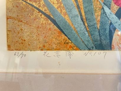 SUGIURA Kazutoshi (1938-) "Iris", [19]93, estampe polychrome et or, signée et datée...
