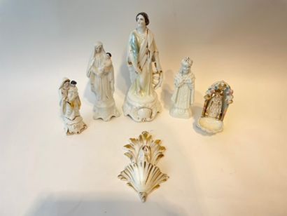 null Set of five statuettes and a stoup, 19th-20th century, enameled porcelain and/or...