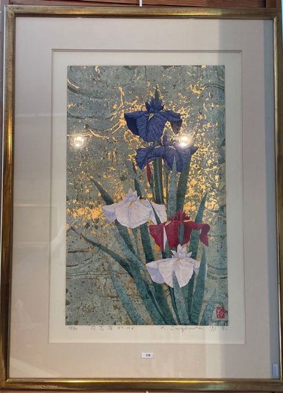 SUGIURA Kazutoshi (1938-) "Iris", [19]93, polychrome and gold print, signed and dated...