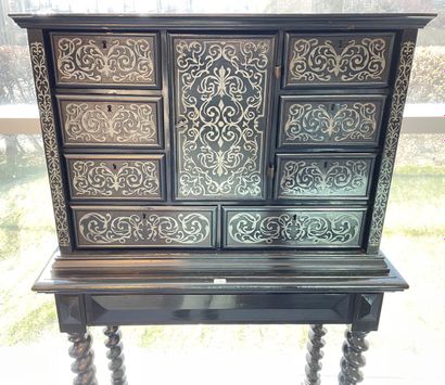 null Louis XIII style cabinet opening with a central leaf and eight drawers, torso...