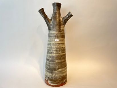 FOURMANOIR Annie (1931-) Large triple-necked vase-bottle, 20th century, shaded stoneware,...