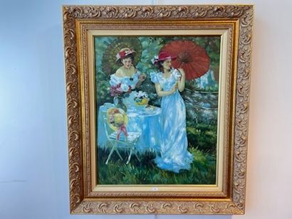 PETROV Vladimir (1956-) "Young Women in the Garden", XX-XXIth, oil on canvas, signed...