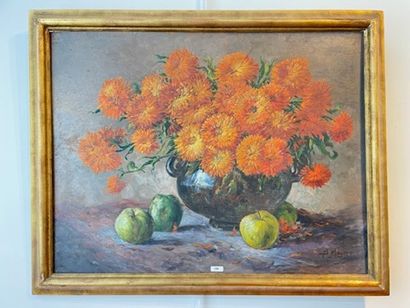 MENU Alfred (1873-1952) "Still life (bouquet of chrysanthemums and apples)", early...