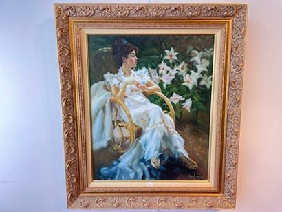 HODGKINS "Young Woman musing in a garden", XX-XXIth, oil on canvas, signed lower...