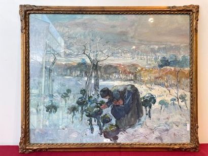 LUDWIG Louis (1856-1925) "Cueillette en hiver", début XXe, gouache sur papier, signée...