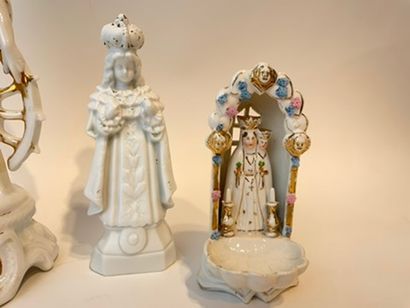 null Set of five statuettes and a stoup, 19th-20th century, enameled porcelain and/or...