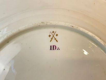 TOURNAI A scalloped rim plate with basketry design decorated in purple monochrome...