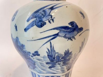 CHINE Jarre en balustre à pans à décor bleu et blanc de fleurs et d'oiseaux, transition...