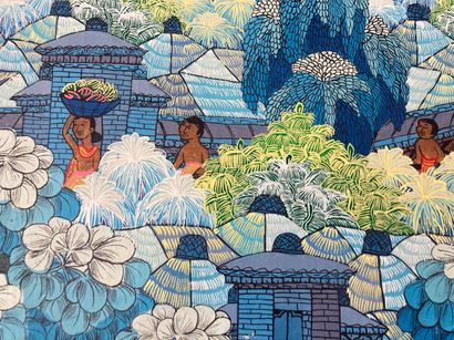 Ecole Indonésienne "The Blue Market (Bali)", 20th, oil on canvas, located lower center...