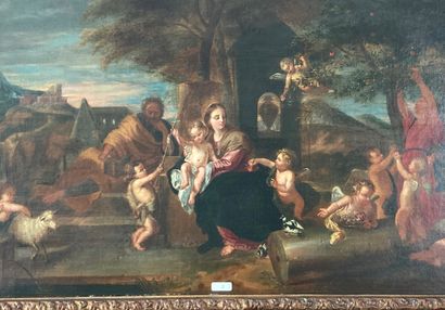 ECOLE FRANCAISE "Le Repos de la Sainte Famille avec saint Jean-Baptiste et des anges",...
