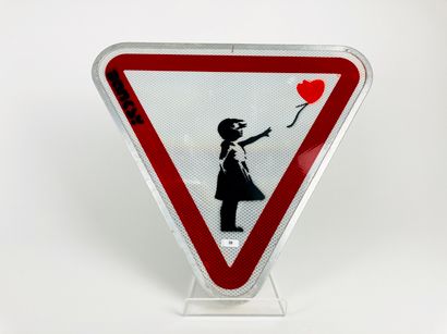 BANKSY (1974-) [d'après] "Girl with Balloon," 21st, stencil print on French metal...