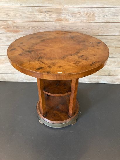 null Art Deco period pedestal table with spacer shelf, circa 1930, wood veneer, metal...