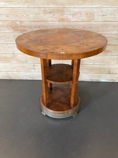 null Art Deco period pedestal table with spacer shelf, circa 1930, wood veneer, metal...