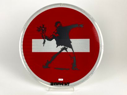 BANKSY (1974-) [d'après] "Flowers Bomber," 21st, stencil print on French metal sign,...