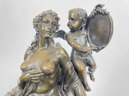 GOSSIN Louis (1846-1928) "Vénus au miroir", circa 1900, important groupe en bronze...