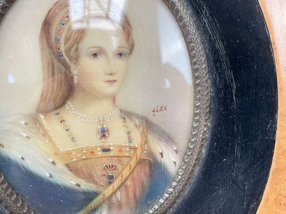 null "Anne Boleyn", XIXe-XXe, miniature, signée, 8x6,5 cm (à vue ovale).