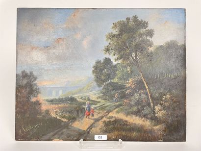 LAGNEAU H. "Paysage animé", fin XIXe, huile sur panneau, signée en bas à gauche,...