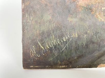 LAGNEAU H. "Paysage animé", fin XIXe, huile sur panneau, signée en bas à gauche,...