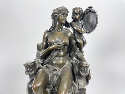 GOSSIN Louis (1846-1928) "Venus with a mirror", circa 1900, important group in patinated...