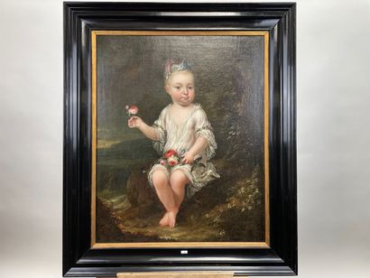 ECOLE FRANCAISE "Child with a Rose," circa 1700, oil on canvas, lined, with restoration...